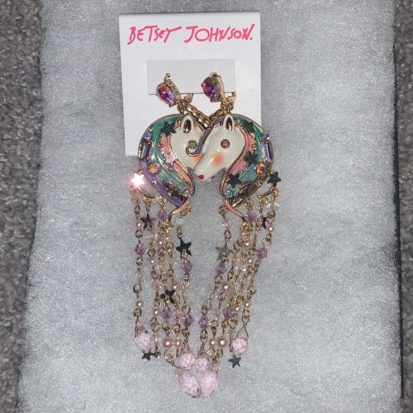 NWT $68 Betsey Johnson Unicorn Fringe Chandelier Earrings - Picture 4 of 7